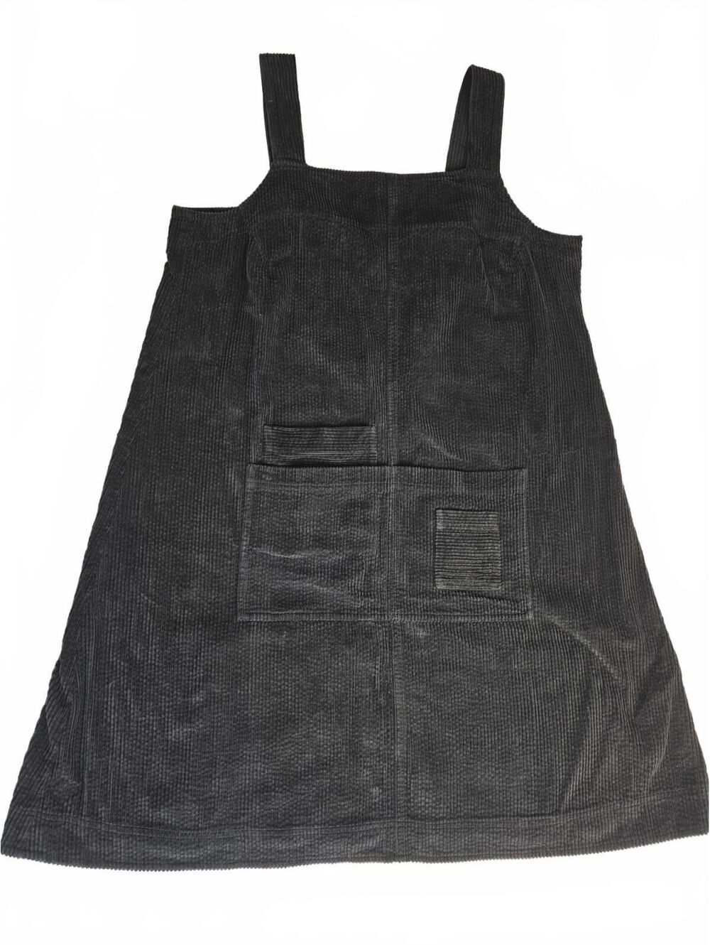 McVerdi Black Cotton Corduroy Pinafore Dress-Relaxed A-Line Overall With Pockets